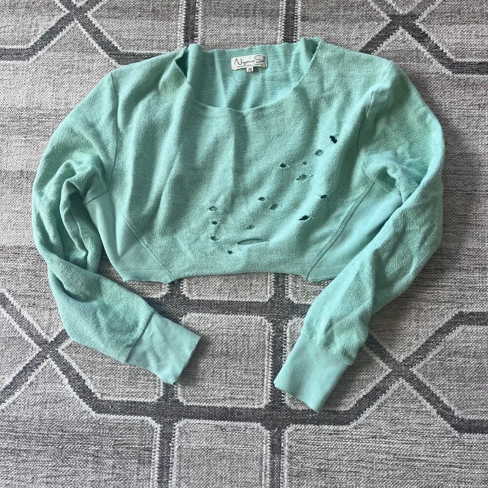 Niyama Sol Chunky Sweatshirt Crop Top Womens XS Green Distressed Destroyed